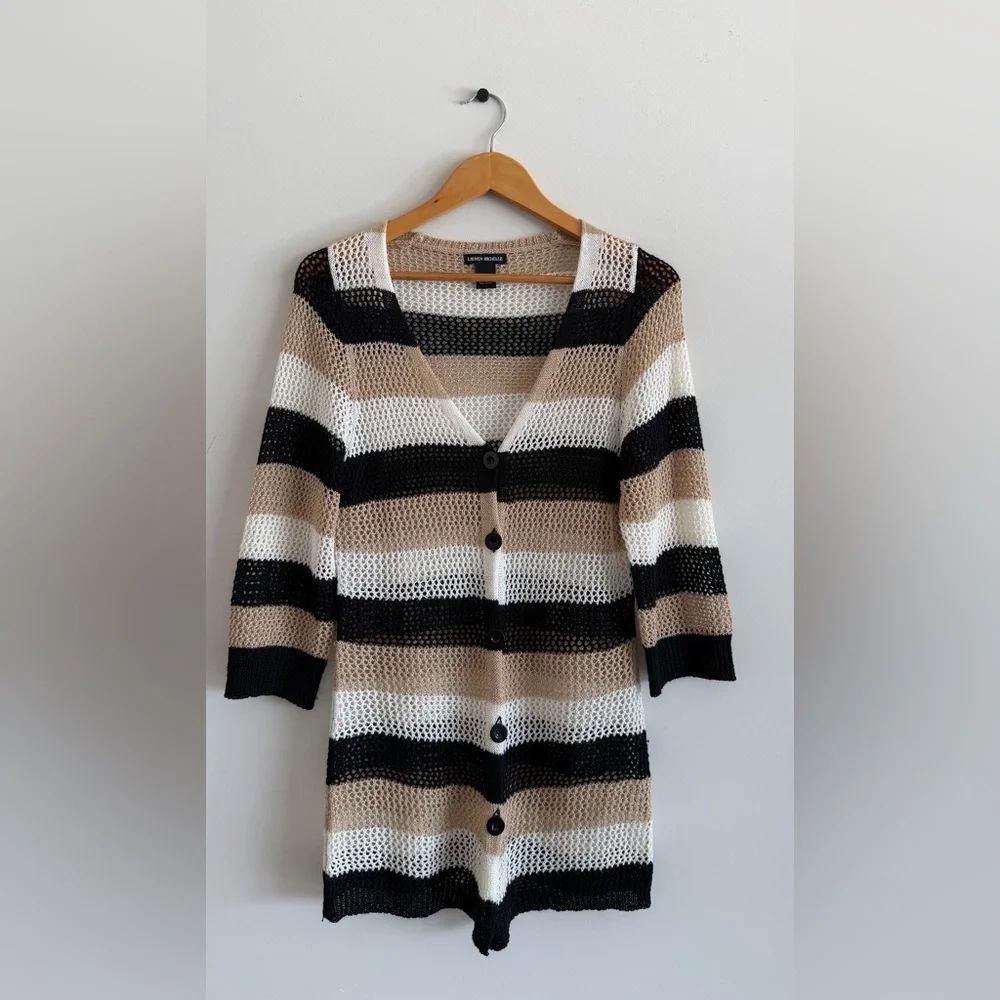 LaurenMichelle Women M Cardigan Striped Boho Lightweight Beach Festival Neutral